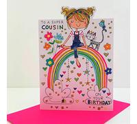 Rachel Ellen Girl Super Cousin Birthday Card - Girl Cat Rainbow Flowers