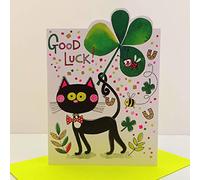 Rachel Ellen Good Luck Card - Black Cat Four Leaf Clover Horseshoes