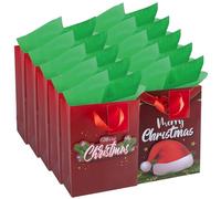 RACHELLE'S Christmas Gift Bags - Small 9"x7"x3" (10-Pack) - Sturdy Paper Gift Bags with Tissue Paper, Tag and Handle - Holiday Wreath and Hat Designs - Christmas Holiday Gifting & Party Favors