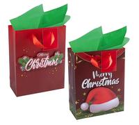 RACHELLE'S Christmas Gift Bags - Small 9"x7"x3" (2-Pack) - Sturdy Paper Gift Bags with Tissue Paper, Tag and Handle - Holiday Wreath and Hat Designs - Christmas Holiday Gifting & Party Favors