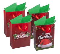 RACHELLE'S Christmas Gift Bags - Small 9"x7"x3" (4-Pack) - Sturdy Paper Gift Bags with Tissue Paper, Tag and Handle - Holiday Wreath and Hat Designs - Christmas Holiday Gifting & Party Favors
