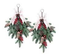 Rachlicy Christmas Swag 2PCS Snowy Pine Needle Christmas Wreath with Pine Cone Red Berry and Bowknot for Front Door Mantle Fireplace Wall Hanging