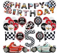 Racing Car 5th Birthday Decorations - Boy Racing Car Themed Balloons Banners Decoration Happy 5th Birthday Banner Race Helmet Tire Checkered Flag Foil Balloon for Boy Girl 5 Years Old Party Supplies