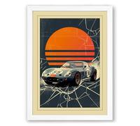 Racing Car at Sunset Vintage Framed Wall Art Print A1 (84.1×59.4cm) White, Wall Decor for Living Room, Bedroom, Office & Home, Ready to Hang, Art Gift
