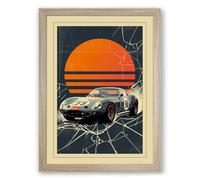 Racing Car at Sunset Vintage Framed Wall Art Print A2 (59.4×42cm) Oak, Wall Decor for Living Room, Bedroom, Office & Home, Ready to Hang, Art Gift