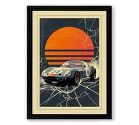Racing Car at Sunset Vintage Framed Wall Art Print A4 (29.7×21cm) Black, Wall Decor for Living Room, Bedroom, Office & Home, Ready to Hang, Art Gift