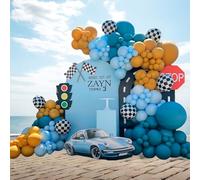 Racing Car Balloon Garland Arch Kit 155Pcs Dusty Blue Yellow Latex Balloon Checkered Foil Balloons for Truck Theme Two Fast 2nd Birthday Party Decorations