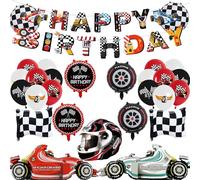Racing Car Birthday Decorations Balloons Banner Checkered Flag | mylar foil latex, helmet, tyre, start sign, toy race cars, for kids boy, motorsport theme, race track fun set