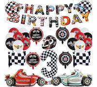 Racing Car Birthday Decorations Balloons Banner Number 3 Checkered Flag | mylar foil latex, helmet, tyre, start sign, toy race cars, for kids aged three, motorsport theme, race track fun set
