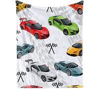 Racing Car Blanket for Boys, Soft Race Sport Car Theme Flannel Blanket for Nursery Baby Crib, Cozy Multicolor Cars Fluffy Throw Blanket with Race Checkered Flag for Newborn Toddler Gift, 80 x 120 cm
