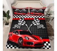 Racing Car Fitted Sheet Single Size, Red Sports Car Bed Cover with 1 Pillowcase, Black White Checkered Flag Bedding Set 2pcs for Kids Teens Room Decor, Soft Polyester Bedding