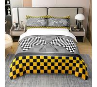 Racing Car Flag 100% Nature Cotton Duvet Cover Single Size 2 Pcs Yellow Black White Geometric Grid Bedding Set for Kids Boys Teens Adults Sports Competition Themed Modern Quilt Cover with 1 Pillowcase