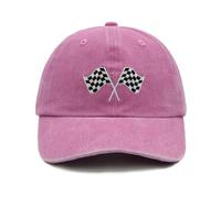 Racing Car Flag Baseball Cap for Men Women, Adjustable Embroidered Washed Hat Pink