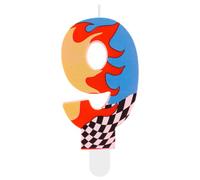Racing Car Theme Birthday Candle - Black White Checkered with Red Flame Print, Race Track Party Cake Topper for Kids Boy Girl 9th Birthday Decorations, Anniversary Celebration Cake Decoration (Age 9)