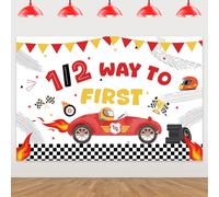 Racing Car Themed 1/2 Way To First Backdrop Vintage Car Themed Half Birthday Party Decorations Red Yellow Racing 1/2 Birthday Checkerboard Backdrop for Boys 6 Months Birth Party Supplies 5x3ft