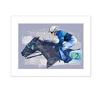 Racing Horse And Jockey Blue Grunge Art Print Canvas Premium Wall Decor Poster