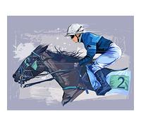 Racing Horse And Jockey Blue Grunge Large Wall Art Print Canvas Premium Poster