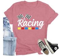 Racing Shirts for Women Checkered Flag T-Shirts Casual Racing Car Lover Tee Race Day Tops