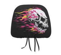 Racing Skull with Pink And Yellow Flames Printed Car Headrest Cover,2 Pieces, Elastic Comfort Head Rest Cover for Women Men, Universal Fits Most Cars Van SUV Truck, Car Interior Decor Accessories