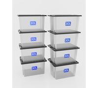 Racking Monkey Pack of 8 x 30L Clear Storage Boxes with Black Lids, 30 Litre Clear Plastic Containers
