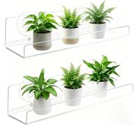 Rackumic 2-Pack 9 Inch Clear Acrylic Suction Cup Shelves for Window Plant Display, Tool- Install Strong Hold Decor Rack for Bathroom Kitchen Home Organization