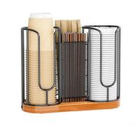 Rackumic Adjustable Coffee Cup Dispenser with Wooden Base, Metal Countertop Organizer for Disposable Cups Lids Straws, Rustic Storage Rack for Kitchen Office Cafe Home Decor(Style 1)