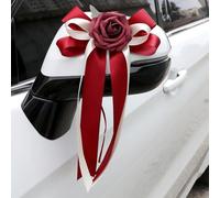 Rackumic Artificial Rose Ribbon Bow Wedding Car Decoration, 36 x 17 cm Silk Flower with Leaves for Bonnet, Rear View Mirror, Door Handle, Reusable for Church, Office(2PC red)