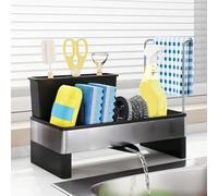 Rackumic Kitchen Sink Organizer Rack Stainless Steel Sponge Holder and Dishcloth Storage Tray Rust-Resistant Drainage Design Keeps Items Dry Large Capacity for Sponges Brushes Dish Soap(Black)