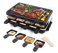 Raclette Grill 8 People Non-Stick Coating Electric Grill Machine with 8 Mini Raclette Pans and 4 Wooden Spatulas Electric Barbecue Grill Health Large Grill Machine Indoor