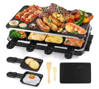 Raclette Grill 8 Person Indoor Grill Machine with 8 Mini Non-Stick Raclette Cheese Pan Electric Crepe Pancake Maker, 8 Wooden Spatulas Electric Barbecue Grills BBQ Health, 1300W
