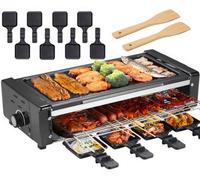 Raclette Grill Electric, Nonstick Electric Griddle Indoor Grill Machine with 8 Raclette Cheese Pans and 2 Wooden Spatulas, Electric Smokeless BBQ Grill for Raclette Cheese Dishes Cooking Party black