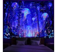 Racunbula Blacklight Forest Jellyfish Tapestry UV Reactive Nature Tree Tapestry Trippy Fantasy Starry Sky Tapestry Aesthetic Wall Tapestry Hippie Jungle Plants Tapestry Wall Hanging for Bedroom