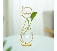 Radefasun Desktop Cat Plant Vases Heart-shaped Small Glass Flower Vase with Gold Metal Stand Propagation Station Plant Holder for Home Wedding Decor (Gold Stand Cat)
