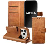 RadEnergy EMF Protection Anti Radiation i-Phone Leather Flip Folio Case for i-Phone, Genuine Leather Wallet Case/Cover with Card Holder & Stand Function (Brown, iPhone 17 Pro Max)