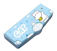 Radhey Preet Plastic Cat Print Multi Compartment Button Operated Magnetic Compass Box for Kids, Light Blue Color