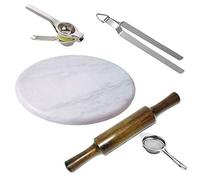 Radhna Chakla Belan Combo Includes - (White Marble Chakla/Rolling Board + Wooden Belan/Rolling Pin for Kitchen + Chimta/Kitchen Tongs/Serving Tongs + Lemon Squeezer+ Small Tea Strainer)