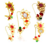 radhna Maharashtrian Traditional Pearl Temple Jewellery marathi Banu Nathiya Nose pin Nath Nose Ring for Wedding Women Girls design Combo Gold Press pin Non pierced (5 pcs) -NATH COMBO-144