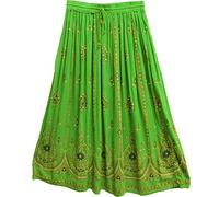Radhy Krishna Fashions Tie Dye Yoga Trend Women's Sequined Crinkle Broomstick Gypsy Long Skirt, Parrot Green, 36