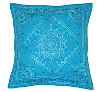 Radhykrishnafashions Indian - 16X16 Mirror Embroidered Decorative Sofa Throw Pillow Cushion Cover Boho Bohemia (SKY BLUE)