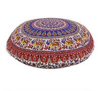 Radhykrishnafashions Indian 32" Large Hippie Mandala Floor Pillow Cover Cushion Cover Round Bohemian Yoga Decor Floor Cushion Case (Yellow Red)