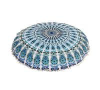 Radhykrishnafashions Indian 32" Large Hippie Mandala Floor Pillow Cover Cushion Cover Round Bohemian Yoga Decor Floor Cushion Case (BLUE WHITE)