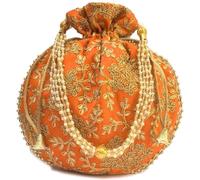 Radhykrishnafashions Indian Handmade Flower Embroidered Olive green Cotton Potli Bag Clutch Purse Pouch Drawstring Bag For Women's Wedding Gift (Orange)