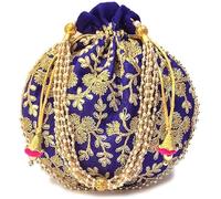 Radhykrishnafashions Indian Handmade Flower Embroidered Olive green Cotton Potli Bag Clutch Purse Pouch Drawstring Bag For Women's Wedding Gift (Blue)