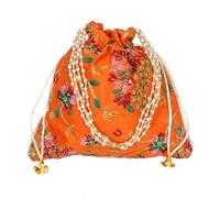 Radhykrishnafashions Indian Handmade Flower Embroidered Olive green Cotton Potli Bag Clutch Purse Pouch Drawstring Bag For Women's Wedding Gift (Orange-1)