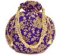 Radhykrishnafashions Indian Handmade Flower Embroidered Olive green Cotton Potli Bag Clutch Purse Pouch Drawstring Bag For Women's Wedding Gift (Purple)