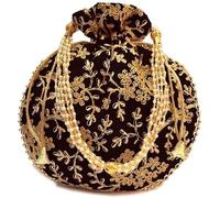 Radhykrishnafashions Indian Handmade Flower Embroidered Olive green Cotton Potli Bag Clutch Purse Pouch Drawstring Bag For Women's Wedding Gift (Black)