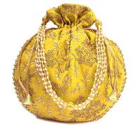 Radhykrishnafashions Indian Handmade Flower Embroidered Olive green Cotton Potli Bag Clutch Purse Pouch Drawstring Bag For Women's Wedding Gift (Yellow)