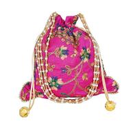 Radhykrishnafashions Indian Handmade Flower Embroidered Olive green Cotton Potli Bag Clutch Purse Pouch Drawstring Bag For Women's Wedding Gift (Rani Color-1)