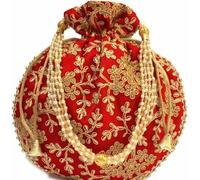 Radhykrishnafashions Indian Women 1 PC Wedding Potli Bag For Women Ethnic Designer Embroidery Work Batwa Pearls Handle With Intricate (Red)