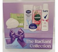 Radiant Collection Women's Gift Set, 6 Piece, Includes Dove Soap, Vaseline Lotion and Lip Therapy, Radox Shower Gel, Simple Wipes, Sure Deodorant.